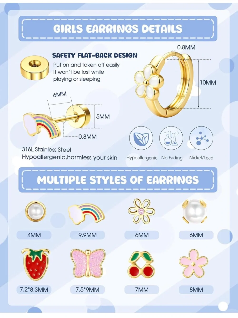SAILIMUE Hypoallergenic Flat Back Earrings Surgical Steel Sensitive Studs Girl